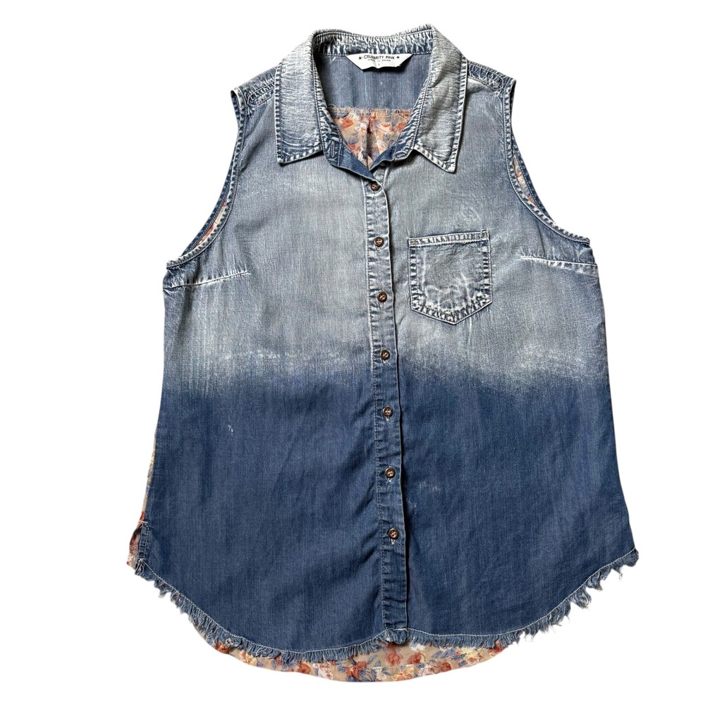 Celebrity Pink Denim Top Ombre Sleeveless Frayed Hem‎ Floral Accents